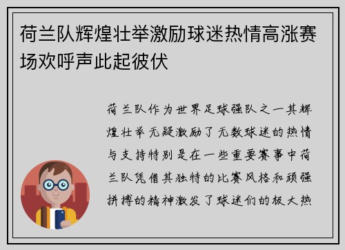 荷兰队辉煌壮举激励球迷热情高涨赛场欢呼声此起彼伏