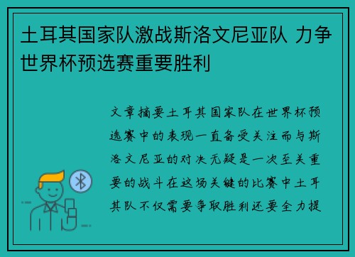 土耳其国家队激战斯洛文尼亚队 力争世界杯预选赛重要胜利