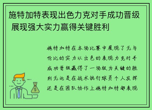 施特加特表现出色力克对手成功晋级 展现强大实力赢得关键胜利