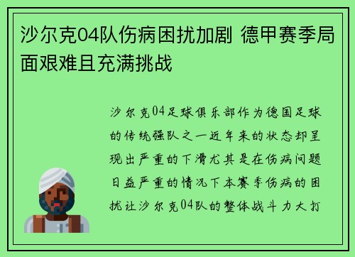 沙尔克04队伤病困扰加剧 德甲赛季局面艰难且充满挑战