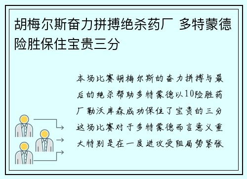 胡梅尔斯奋力拼搏绝杀药厂 多特蒙德险胜保住宝贵三分