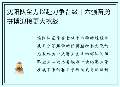 沈阳队全力以赴力争晋级十六强奋勇拼搏迎接更大挑战