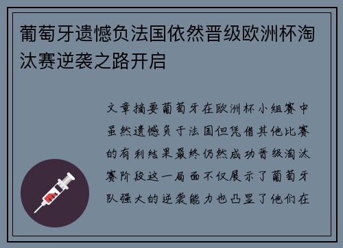 葡萄牙遗憾负法国依然晋级欧洲杯淘汰赛逆袭之路开启