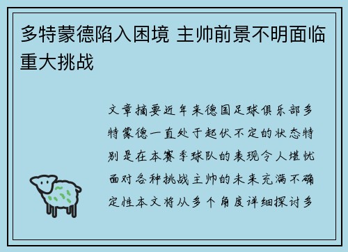 多特蒙德陷入困境 主帅前景不明面临重大挑战