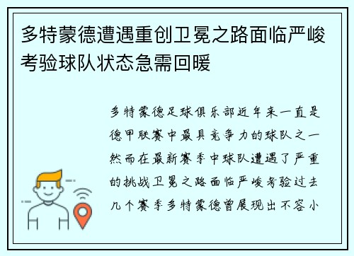 多特蒙德遭遇重创卫冕之路面临严峻考验球队状态急需回暖